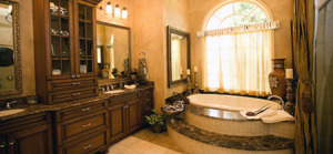 A brown custom bathroom that looks quite expensive